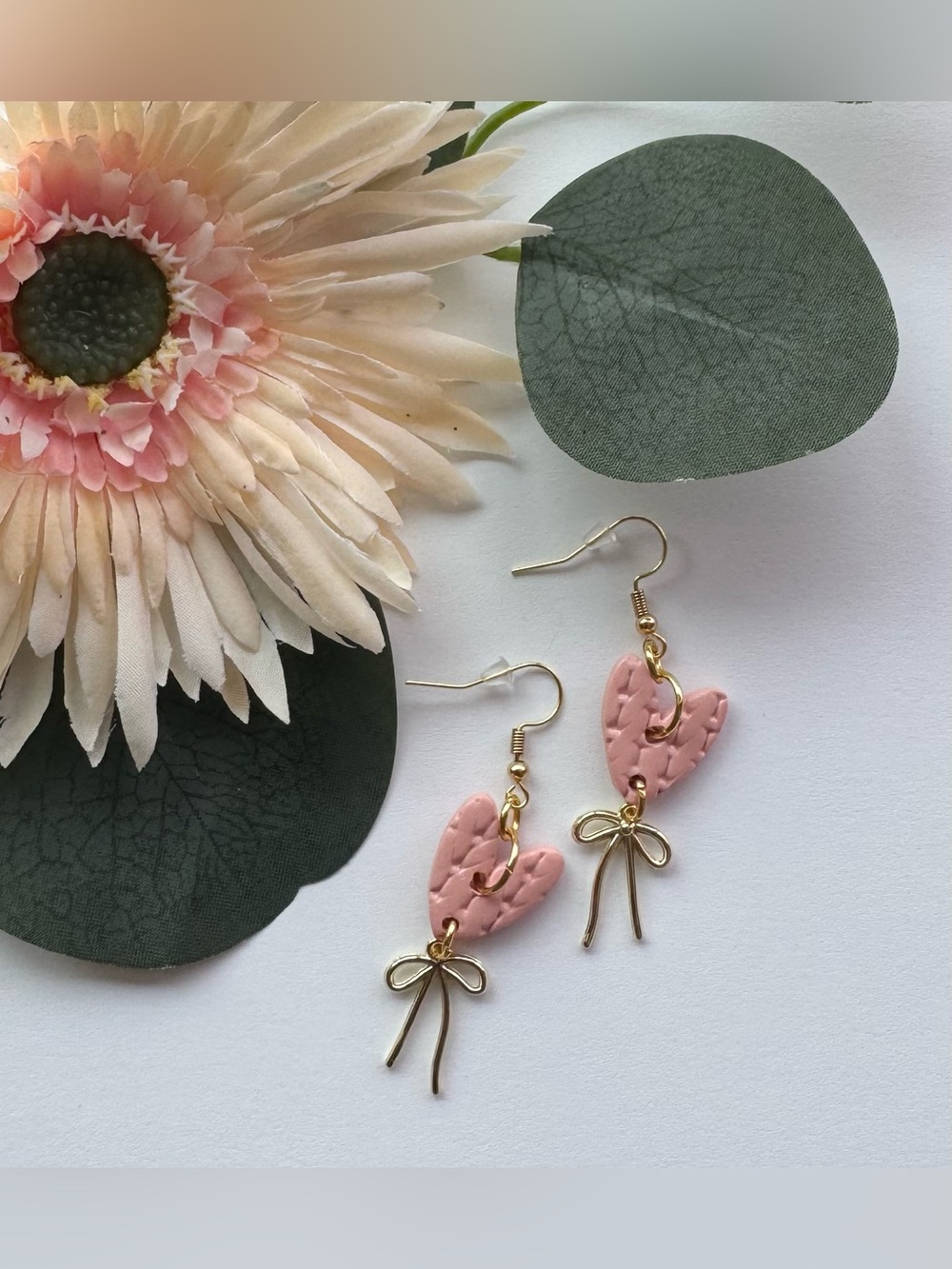 Pink Heart Polymer Clay Earrings w/Bow